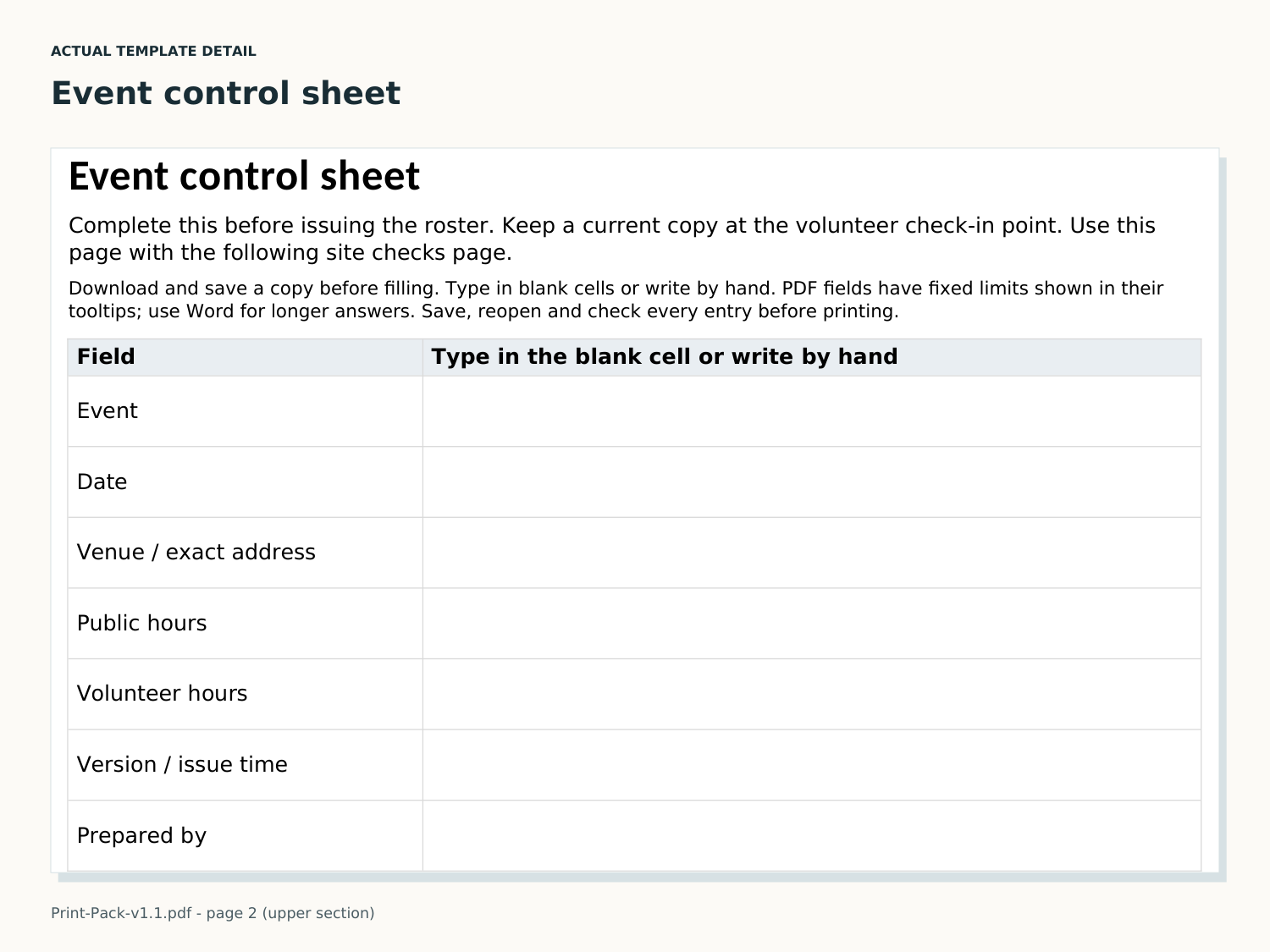 Blank event control sheet fields for event, date, venue, public hours, volunteer hours, version and preparer.