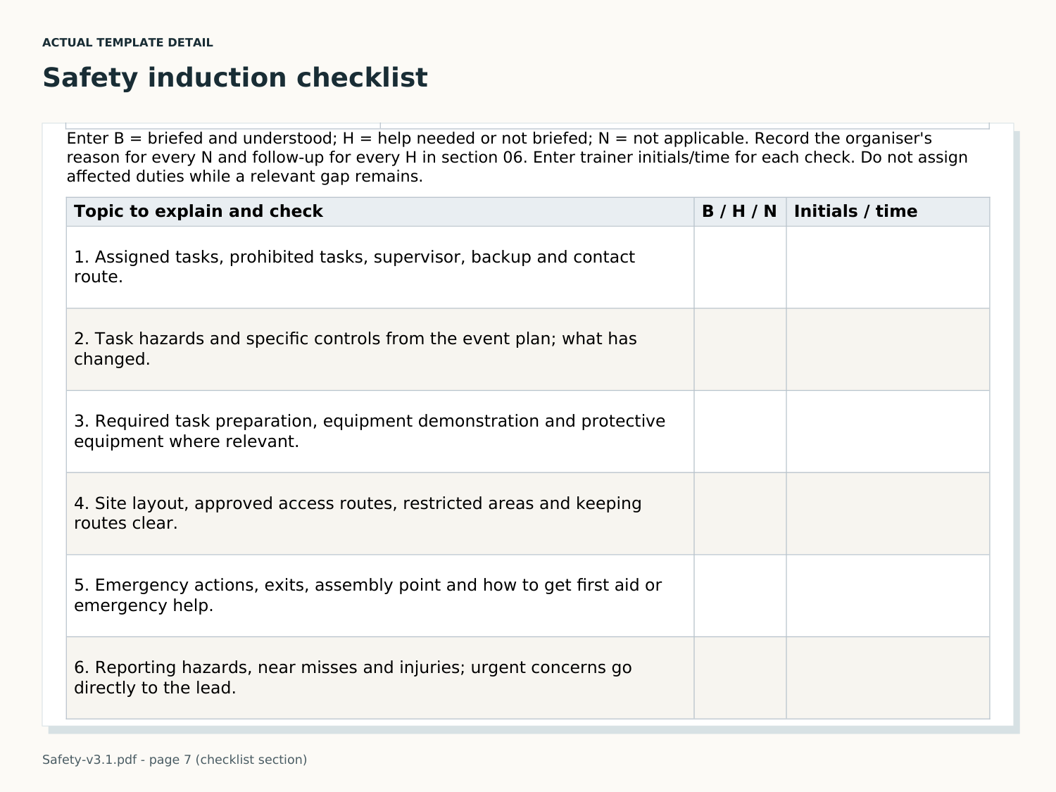 Safety induction checklist excerpt with six topics and columns for briefing status and trainer initials.